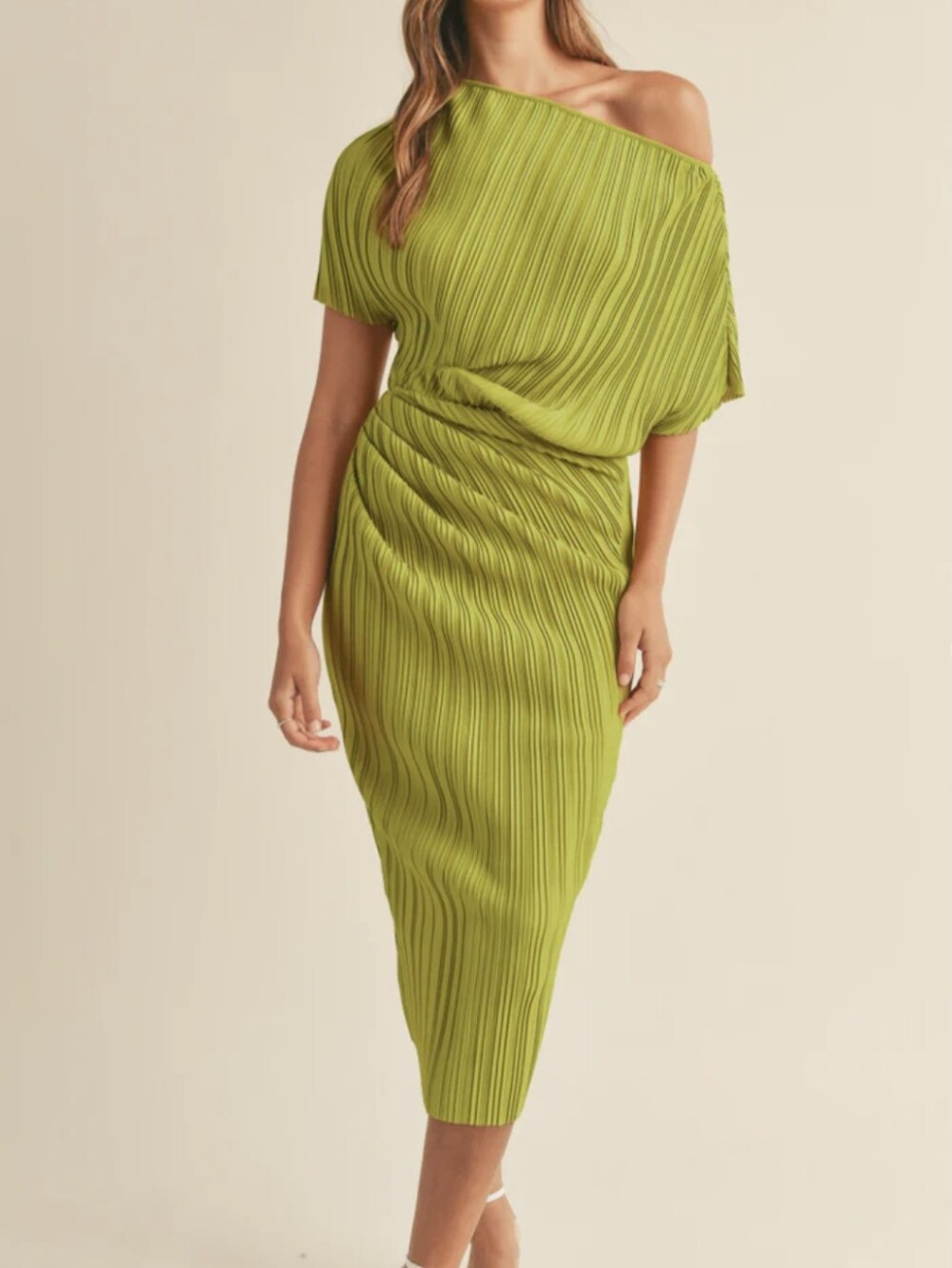 MABLE Asymmetrical Chartreuse Pleated Midi Dress